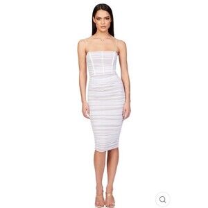 Nookie Mecca Midi Dress White Ruched Mesh Bodycon Size S Nude Illusion Cocktail